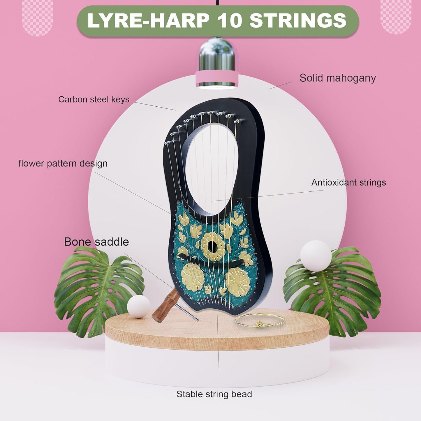 Lyre Harp 10 String Dark Turquoise - Gold Flowers Celtic Engraved w/ Tuner & Strings