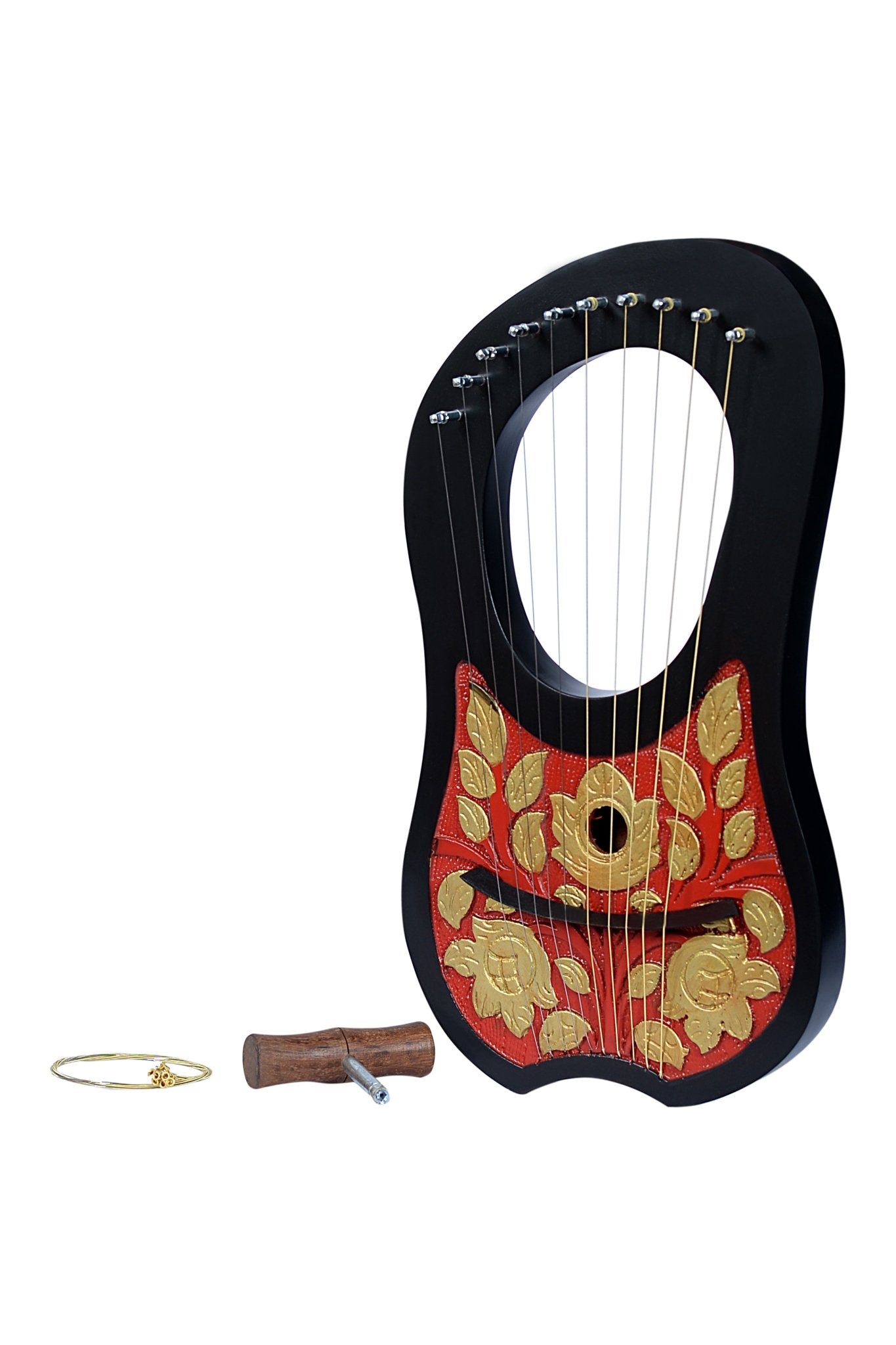 Lyre Harp 10 String Mahogany - Red Gold Flower Engraved Beginner Kit w/ Tuner & Strings