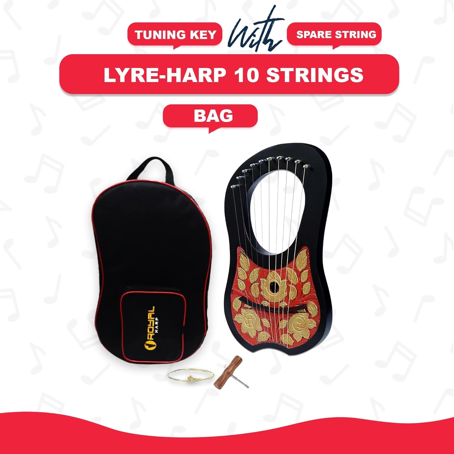 Lyre Harp 10 String Mahogany - Red Gold Flower Engraved Beginner Kit w/ Tuner & Strings