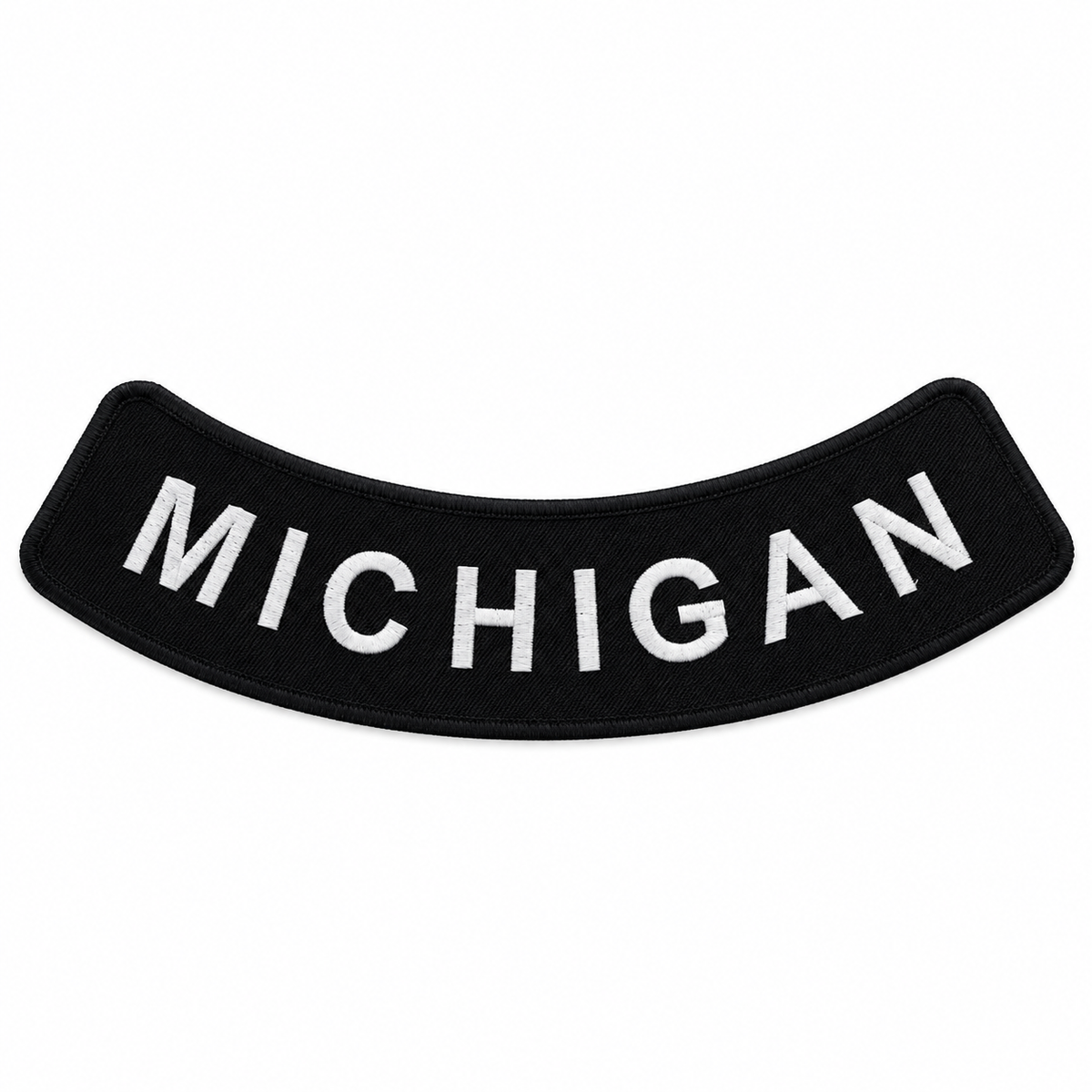 Michigan white on black embroidered bottom rocker patch — full patch front