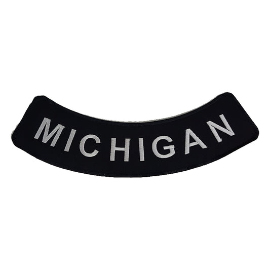 Michigan Bottom Rocker Patch - White on Black Iron On Sew On Large Back Patch for Biker Vest Jacket