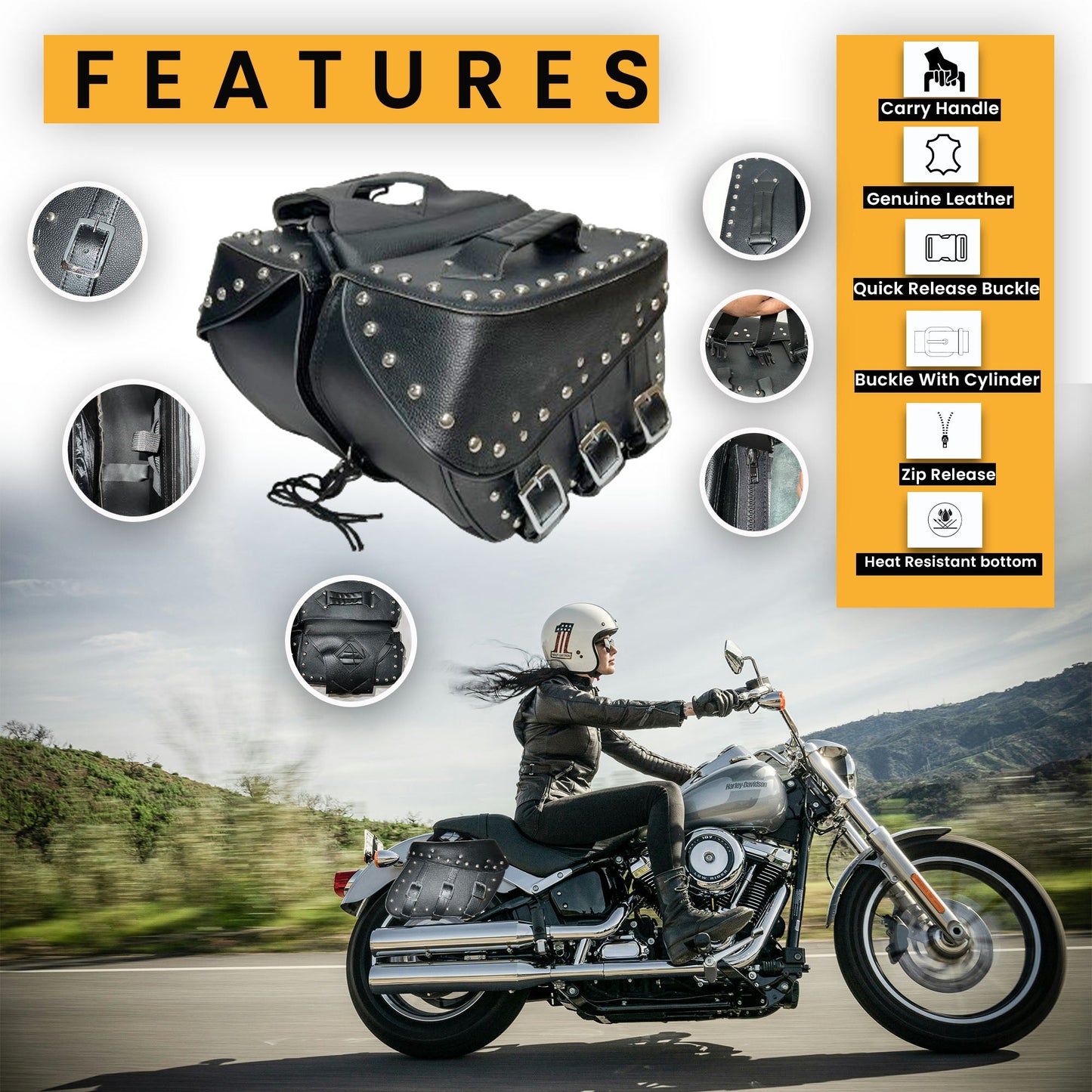 Motorcycle Saddlebags Leather - Genuine Cowhide Three Strap Studded Throw Over