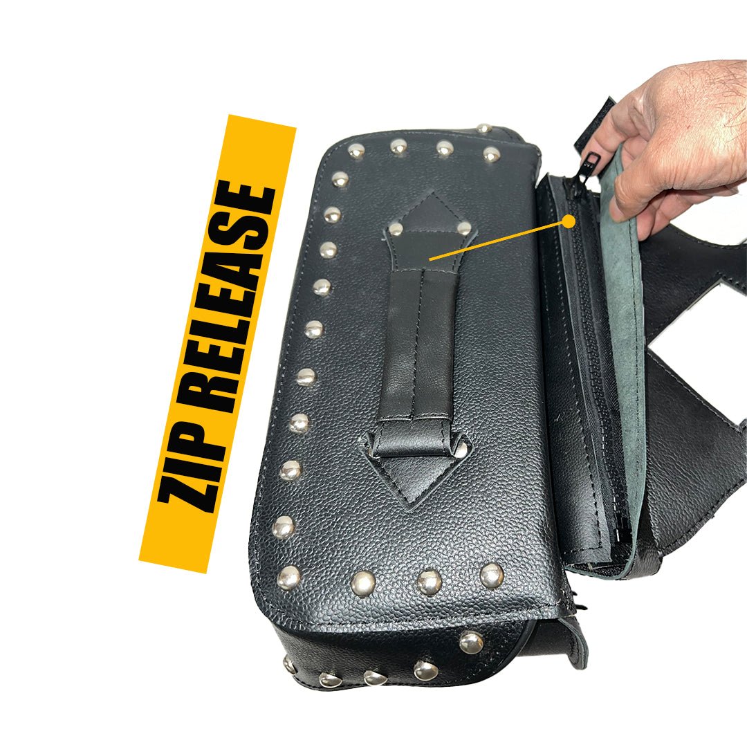 Motorcycle Saddlebags Leather - Genuine Cowhide Three Strap Studded Throw Over