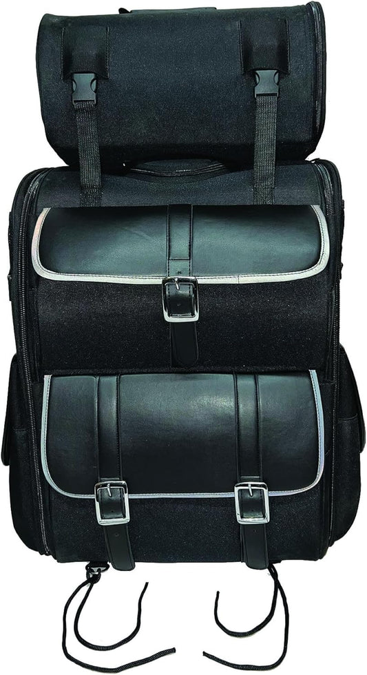 Motorcycle Sissy Bar Bag Leather - Large 2 Piece Reflective Stripes Black with Storage Compartments