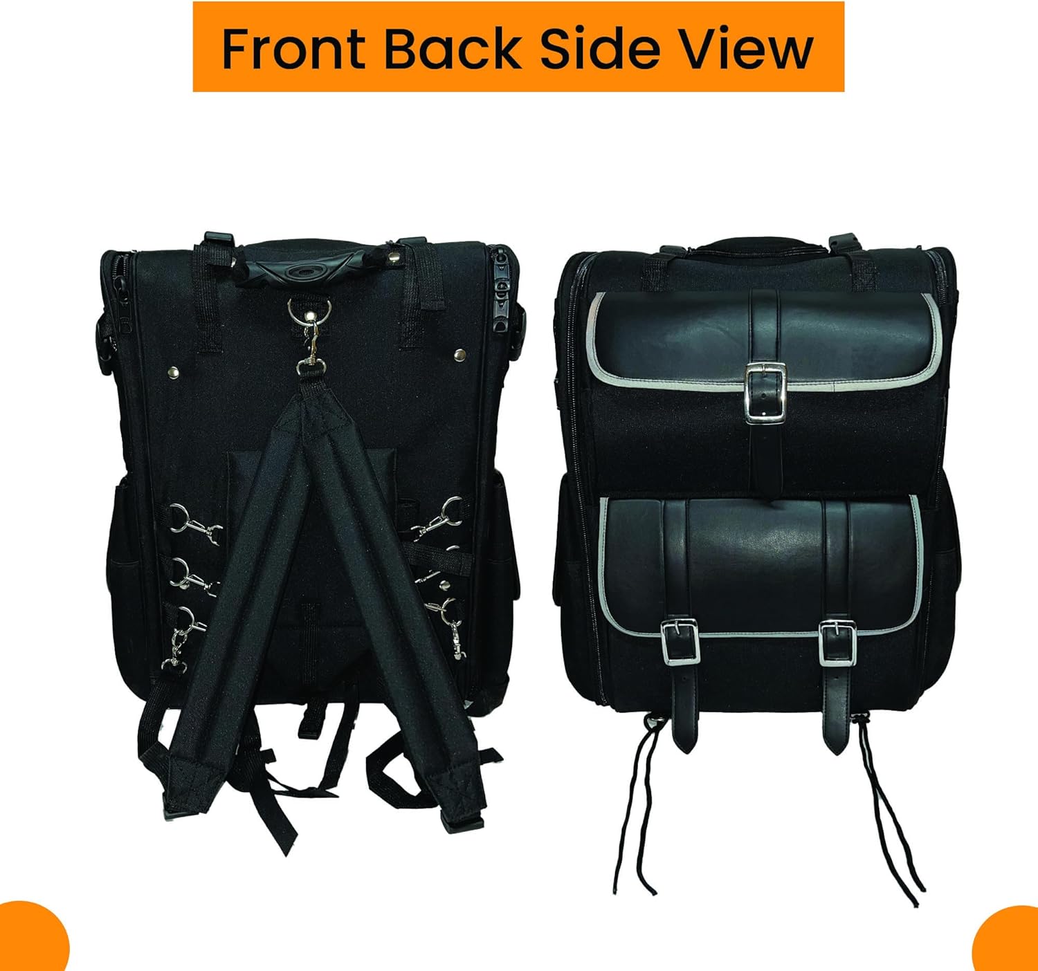 Motorcycle Sissy Bar Bag Leather - Large 2 Piece Reflective Stripes Black with Storage Compartments