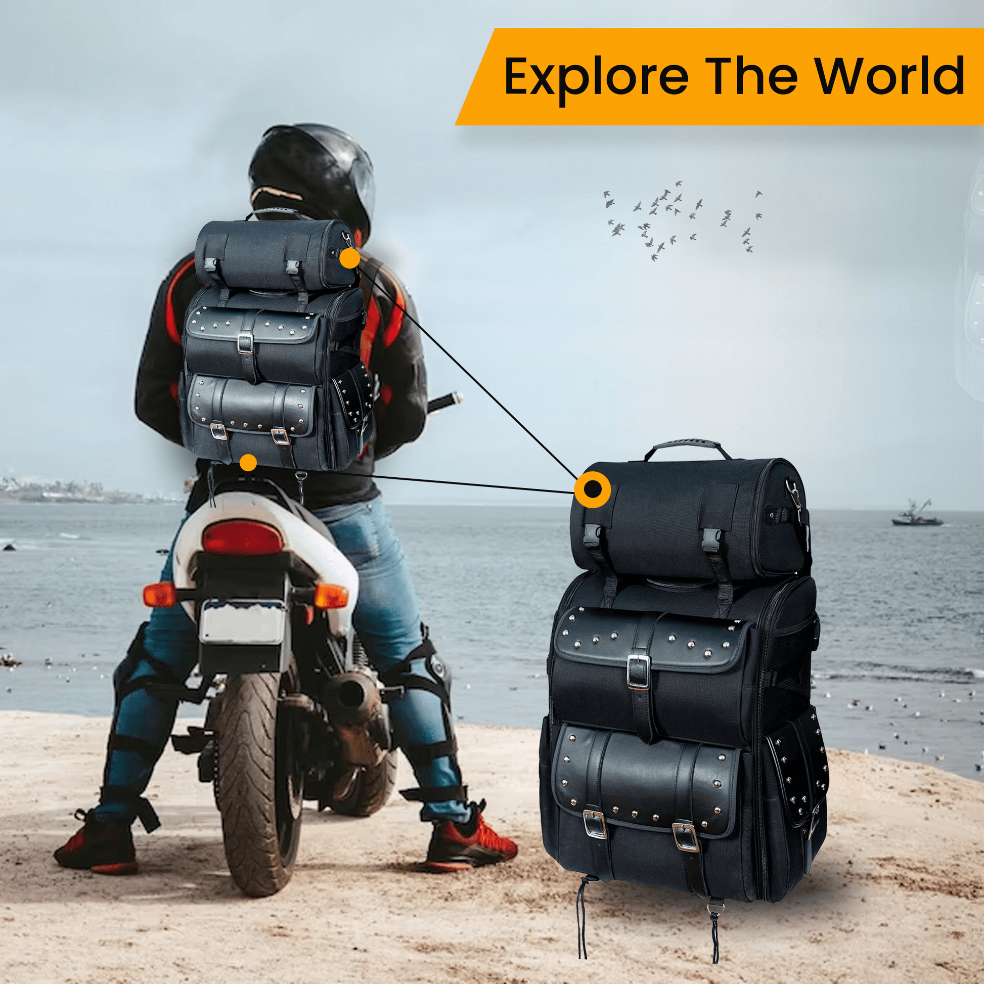 Motorcycle Sissy Bar Bag Leather Studded - Large 2 Piece Black with Storage Compartments