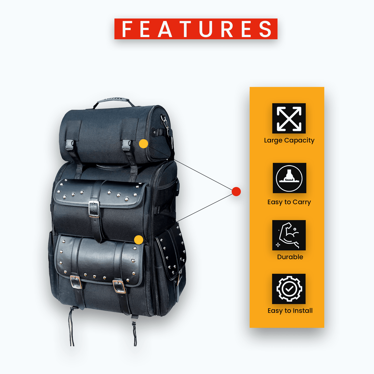 Motorcycle Sissy Bar Bag Leather Studded - Large 2 Piece Black with Storage Compartments