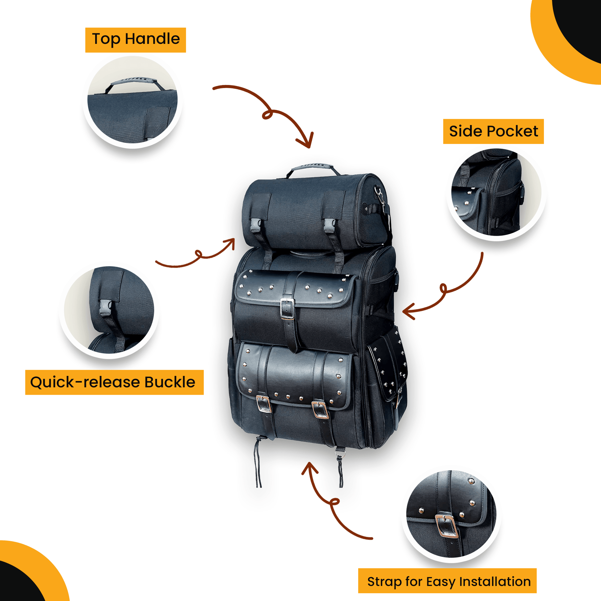 Motorcycle Sissy Bar Bag Leather Studded - Large 2 Piece Black with Storage Compartments