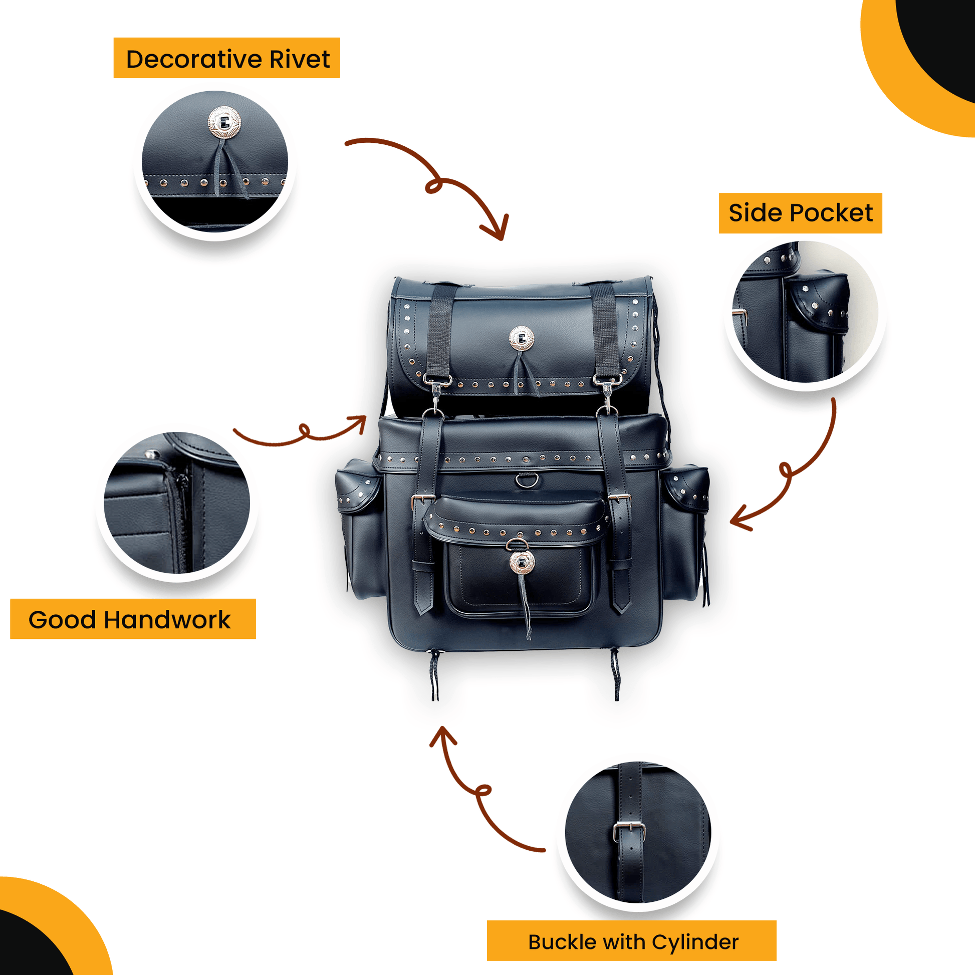 Motorcycle Sissy Bar Bag Leather Studded - Touring Luggage 2 Piece Water Resistant Black