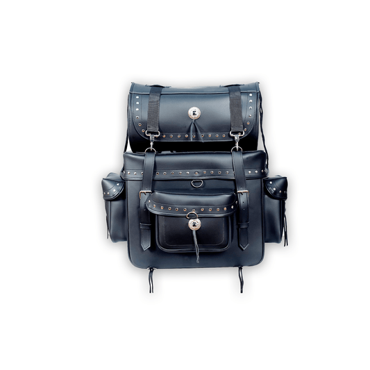 Motorcycle Sissy Bar Bag Leather Studded - Touring Luggage 2 Piece Water Resistant Black