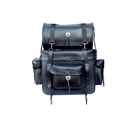 Motorcycle Sissy Bar Bag Leather - Touring Luggage 2 Piece Black with External Pockets