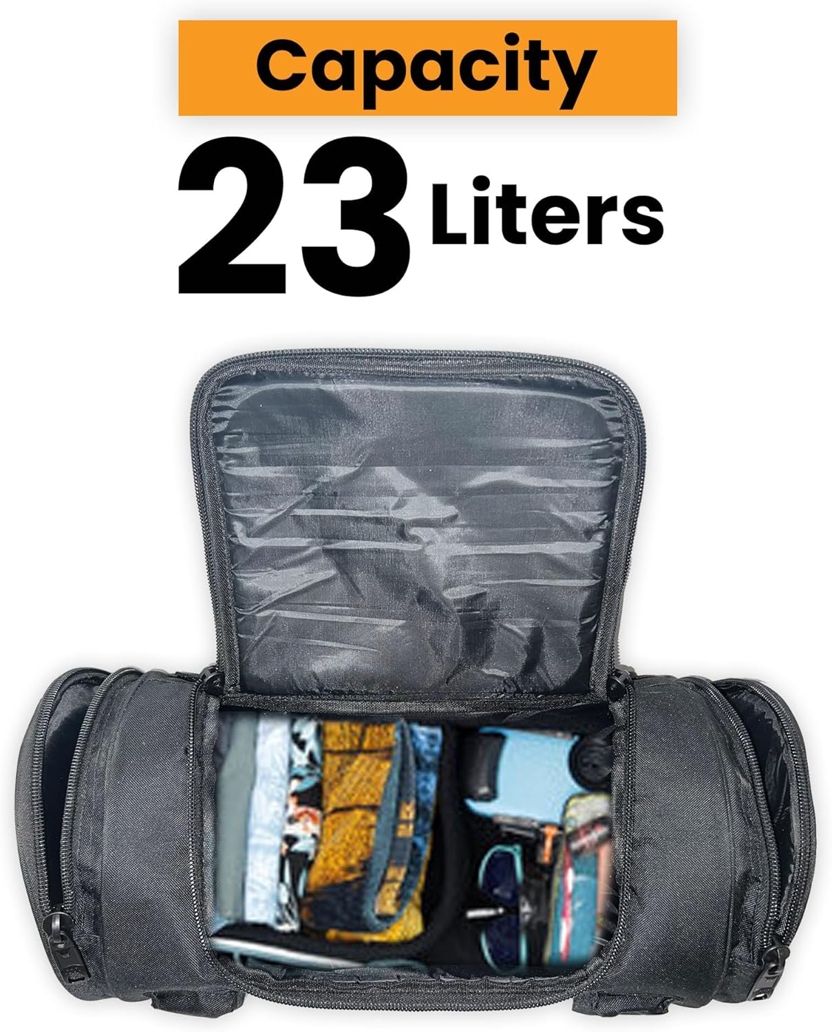 Motorcycle Sissy Bar Roll Bag - Tail Reflective Strip Black with Multiple Pockets