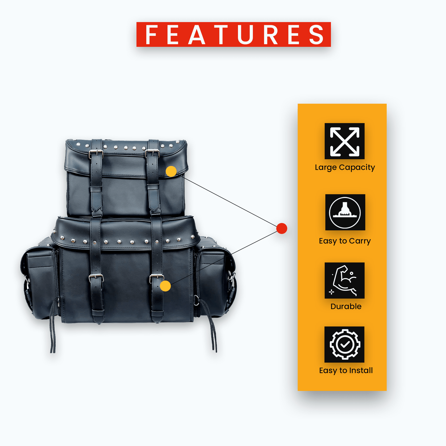 Motorcycle Sissy T Bar Bag Leather Studded - 4 Piece Weather Resistant Luggage Black with Rain Cover