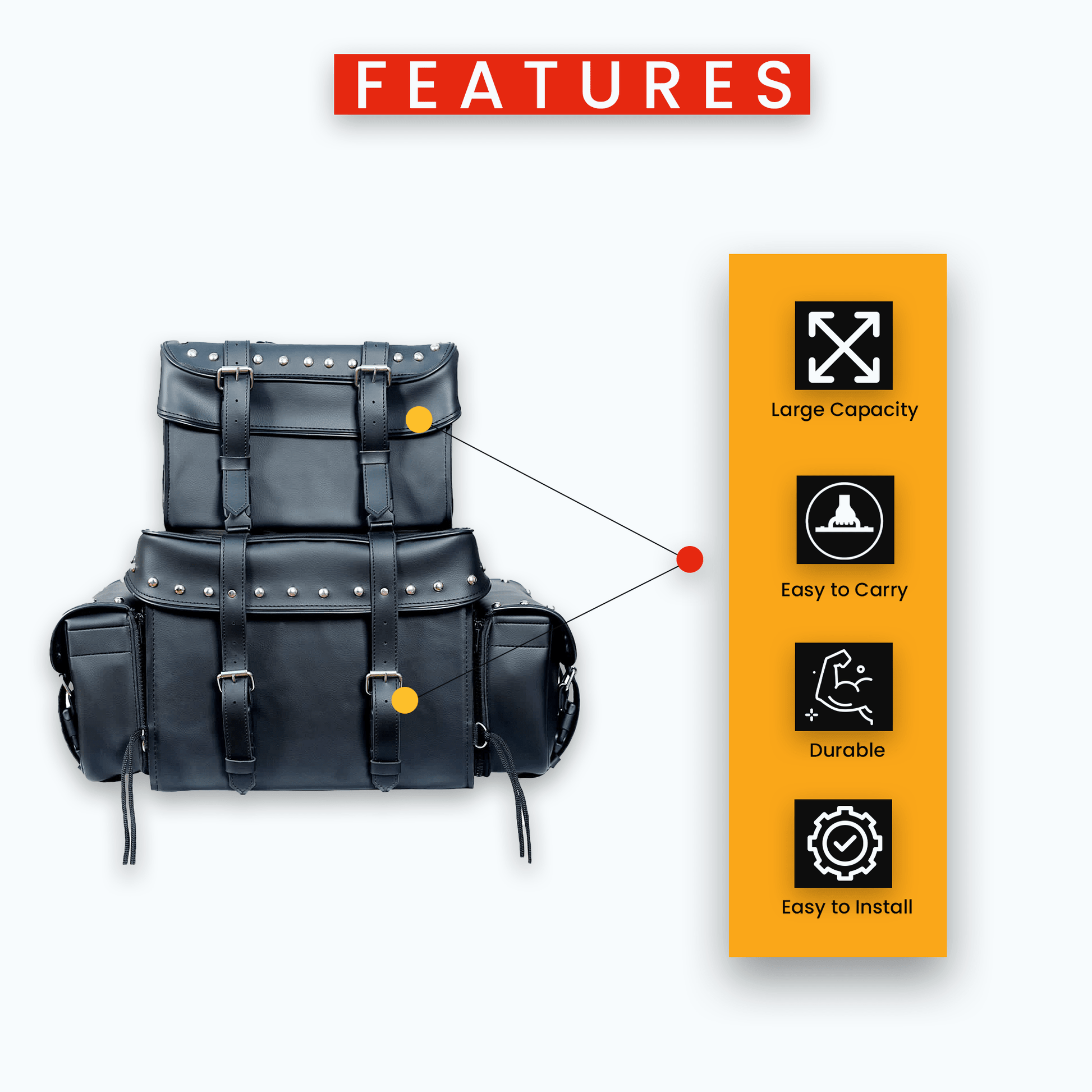 Motorcycle Sissy T Bar Bag Leather Studded - 4 Piece Weather Resistant Luggage Black with Rain Cover