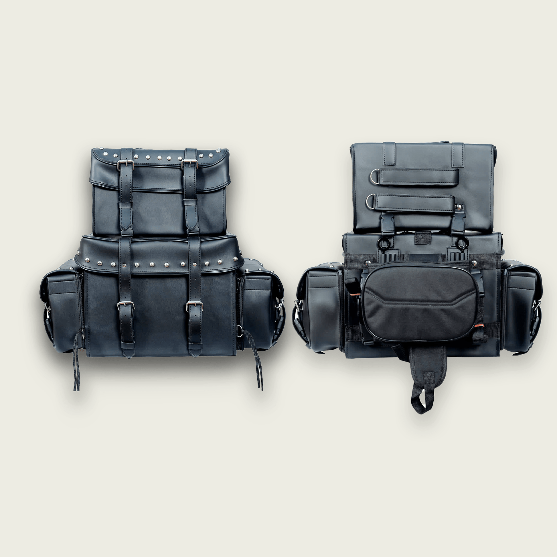 Motorcycle Sissy T Bar Bag Leather Studded - 4 Piece Weather Resistant Luggage Black with Rain Cover