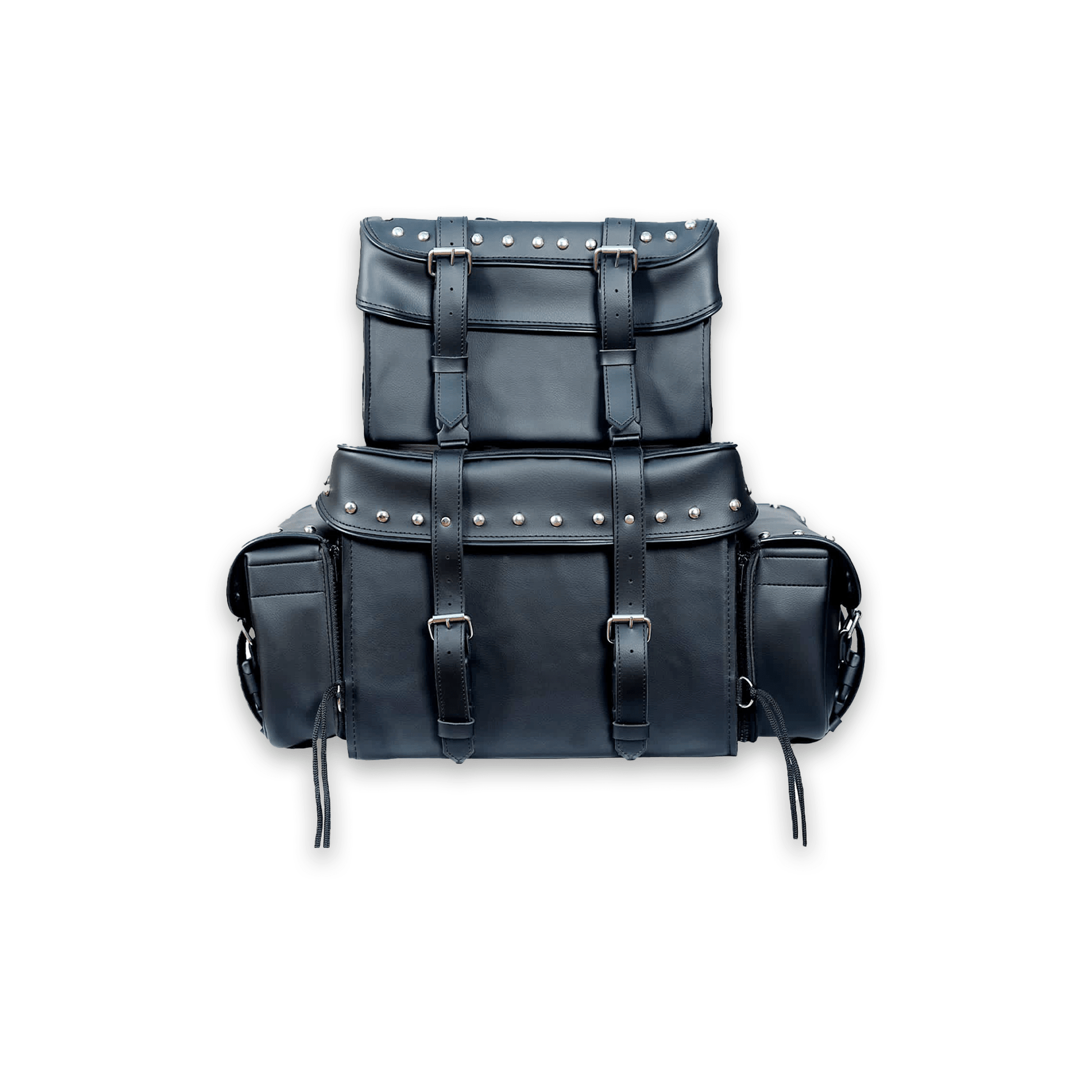 Motorcycle Sissy T Bar Bag Leather Studded - 4 Piece Weather Resistant Luggage Black with Rain Cover