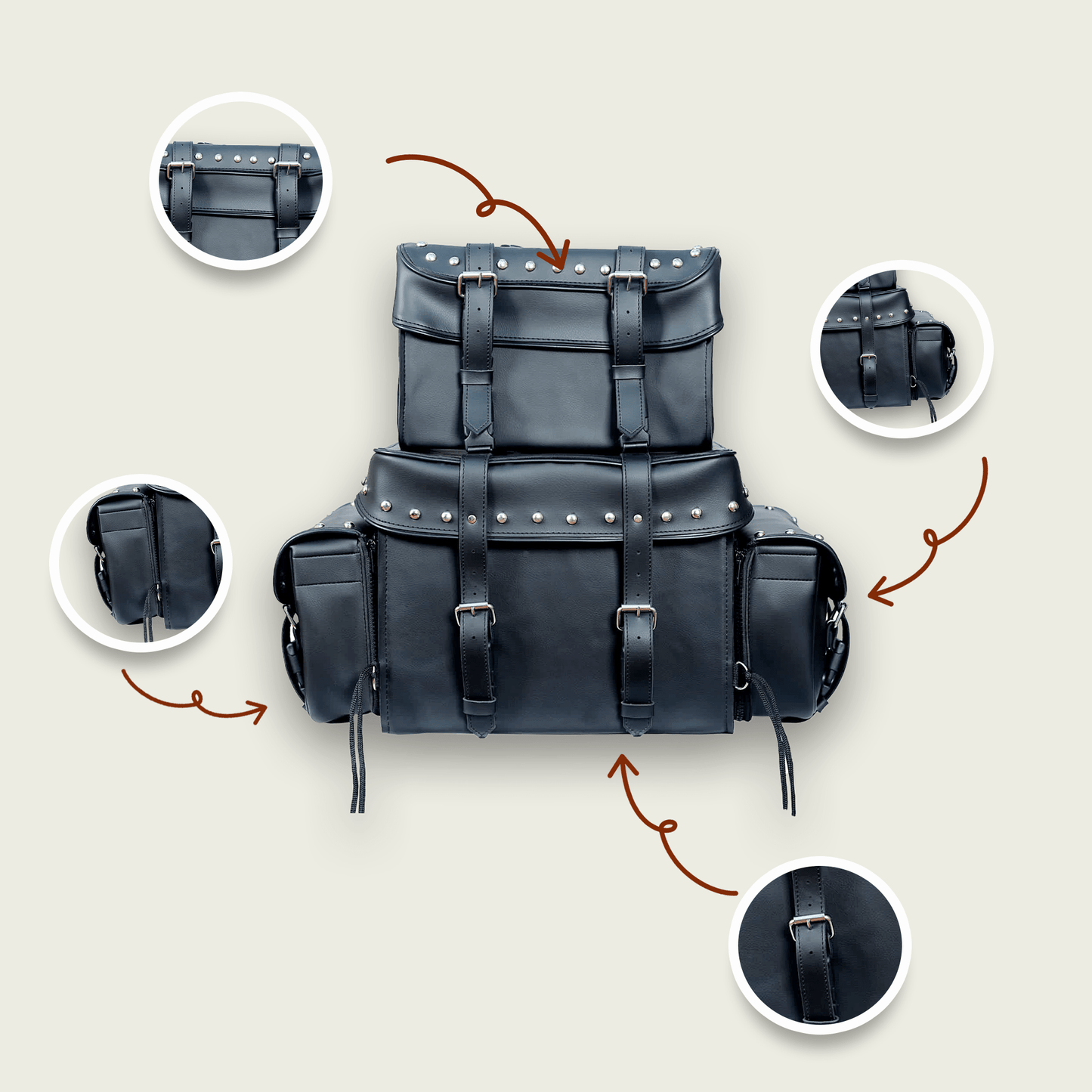 Motorcycle Sissy T Bar Bag Leather Studded - 4 Piece Weather Resistant Luggage Black with Rain Cover