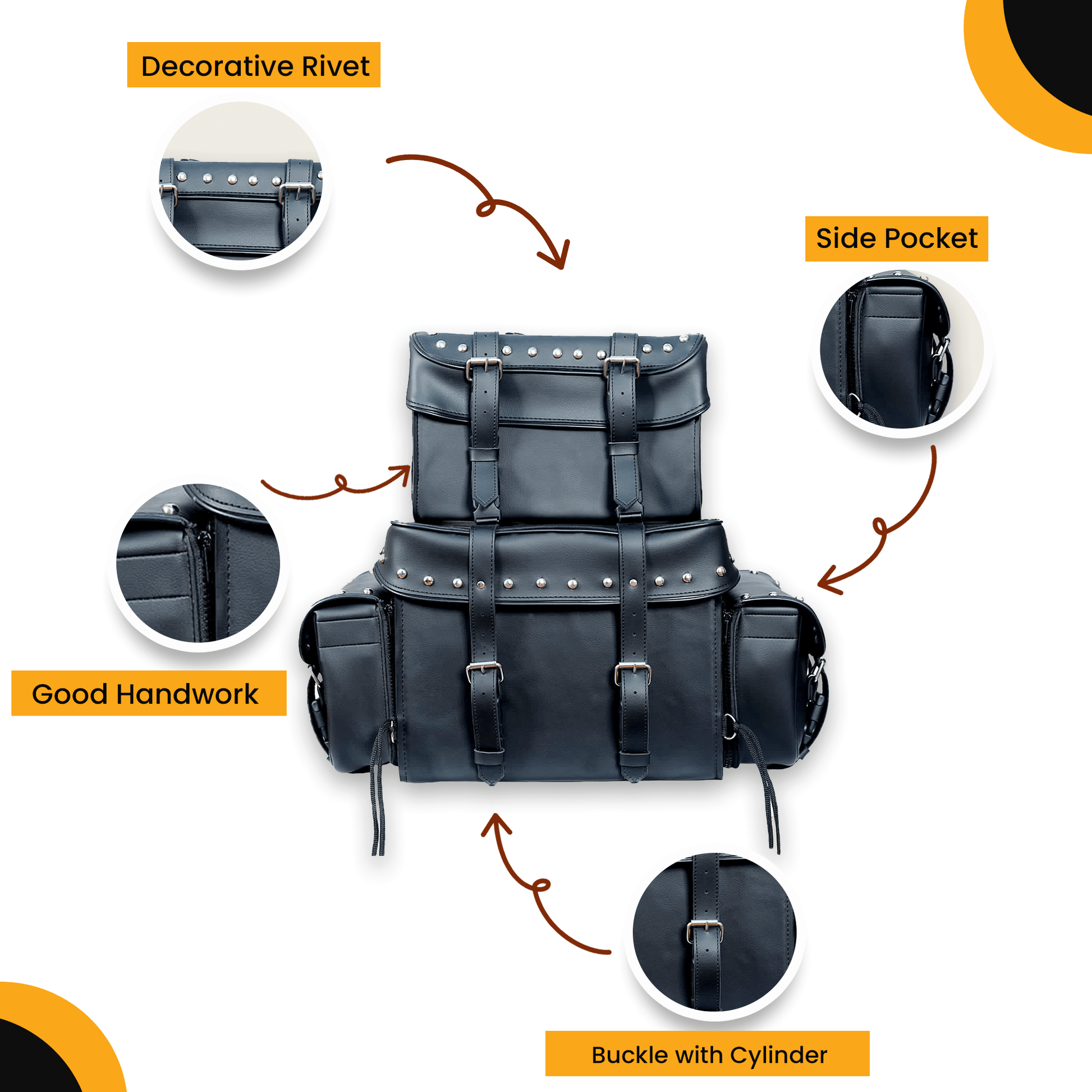 Motorcycle Sissy T Bar Bag Leather Studded - 4 Piece Weather Resistant Luggage Black with Rain Cover