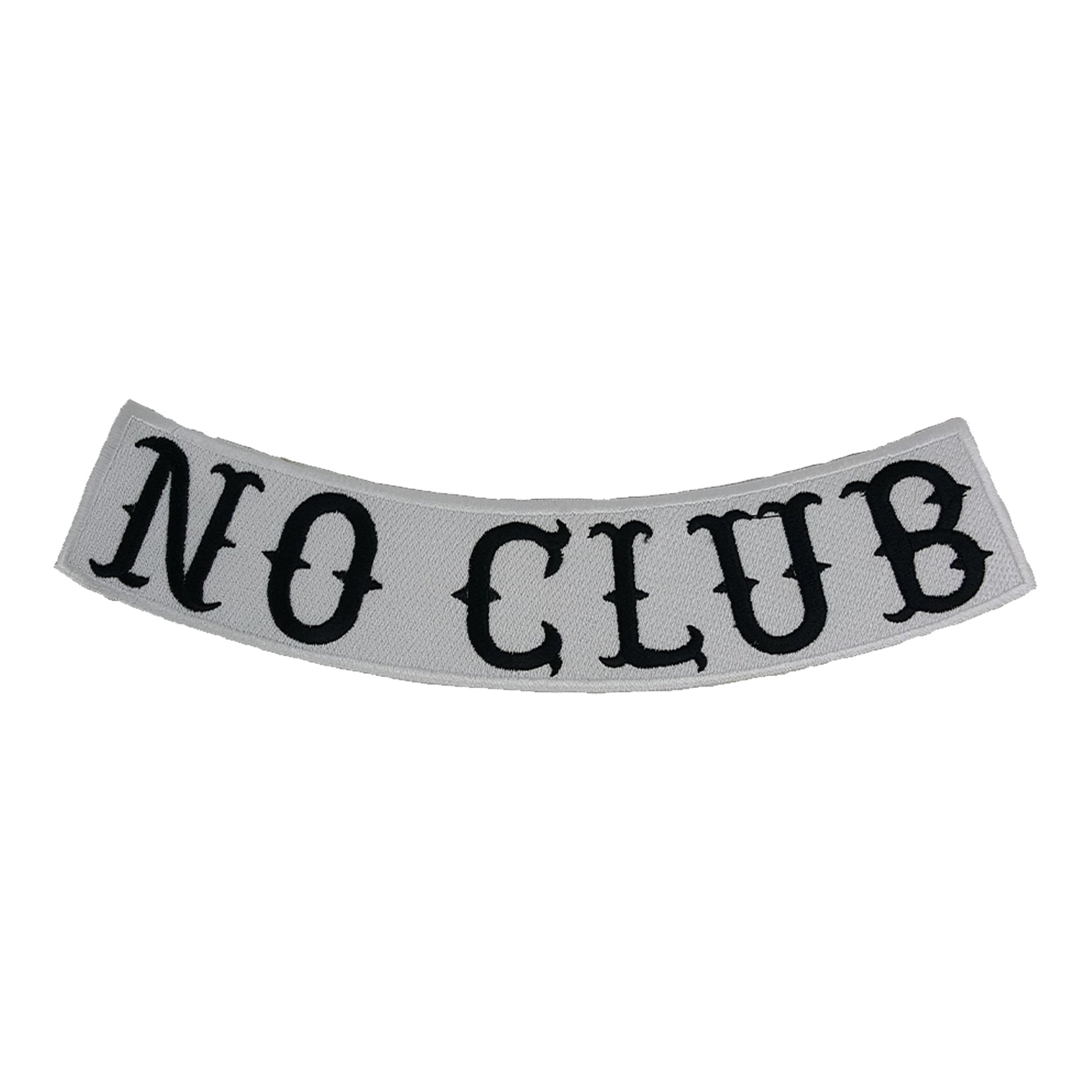 No Club Bottom Rocker Patch - Black on White Iron On Sew On Large Back Patch for Biker Vest Jacket