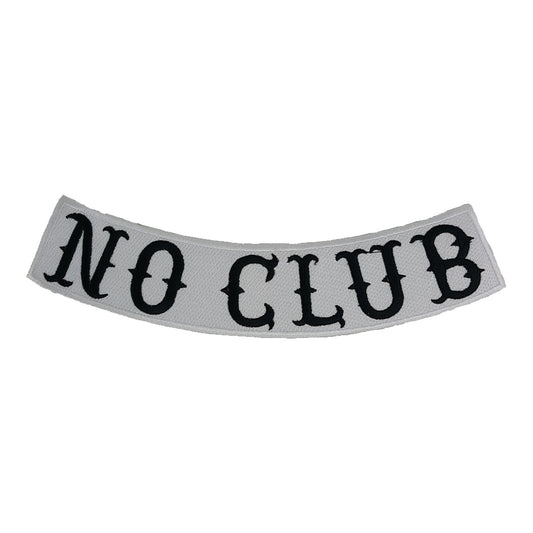No Club Bottom Rocker Patch - Black on White Iron On Sew On Large Back Patch for Biker Vest Jacket