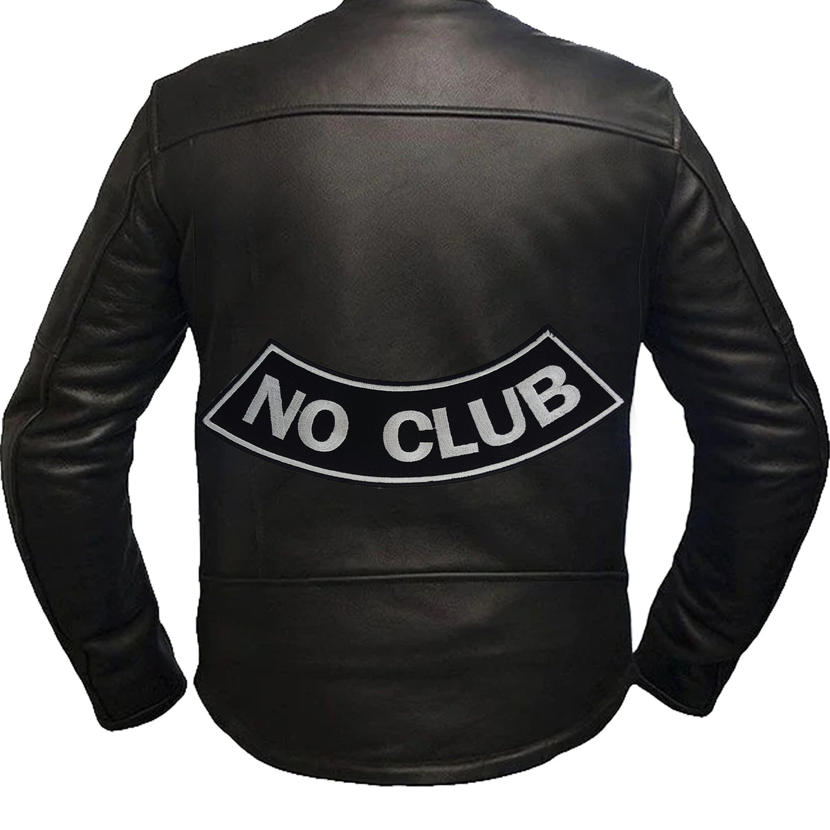 No Club Bottom Rocker Patch - White on Black Iron On Sew On Large Back Patch for Biker Vest Jacket