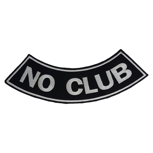 No Club Bottom Rocker Patch - White on Black Iron On Sew On Large Back Patch for Biker Vest Jacket