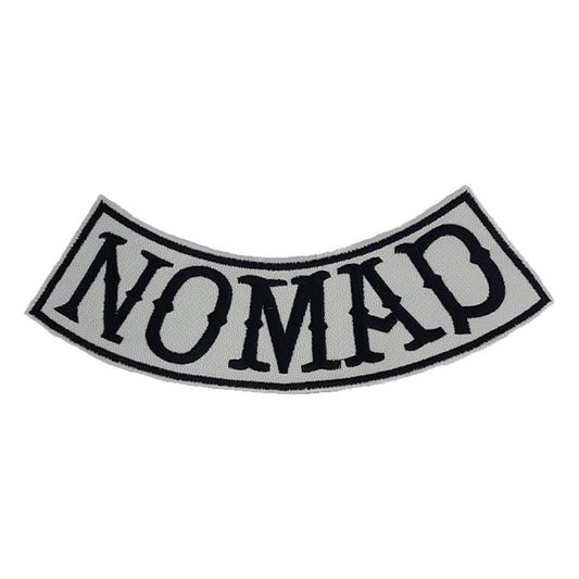Nomad Bottom Rocker Patch - Black on White Iron On Sew On Large Back Patch for Biker Vest Jacket