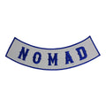 Nomad Bottom Rocker Patch - Blue on White Iron On Sew On Large Back Patch for Biker Vest Jacket