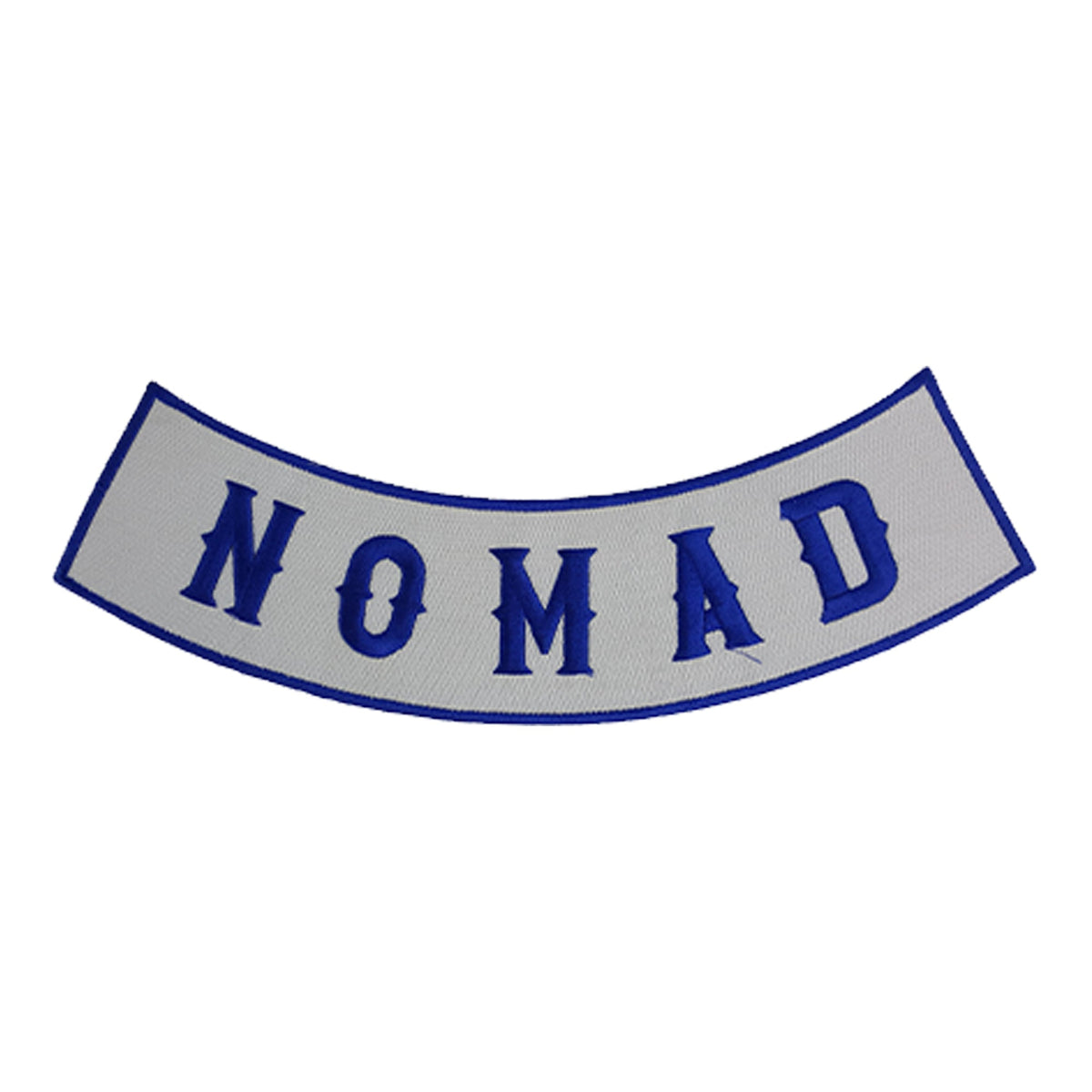 Nomad Bottom Rocker Patch - Blue on White Iron On Sew On Large Back Patch for Biker Vest Jacket