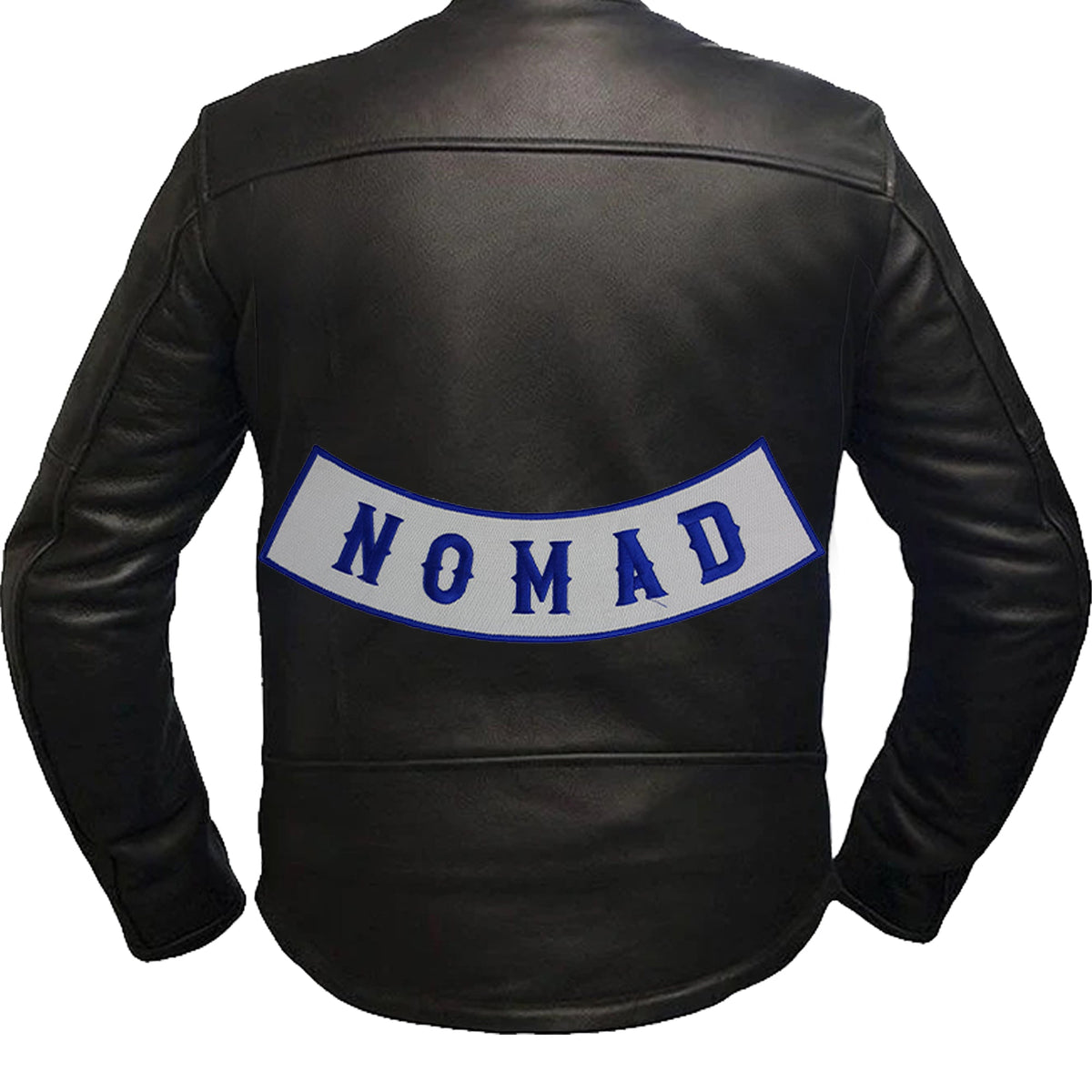 Nomad Bottom Rocker Patch - Blue on White Iron On Sew On Large Back Patch for Biker Vest Jacket