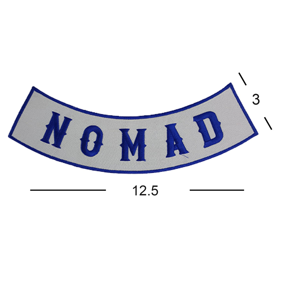 Nomad Bottom Rocker Patch - Blue on White Iron On Sew On Large Back Patch for Biker Vest Jacket
