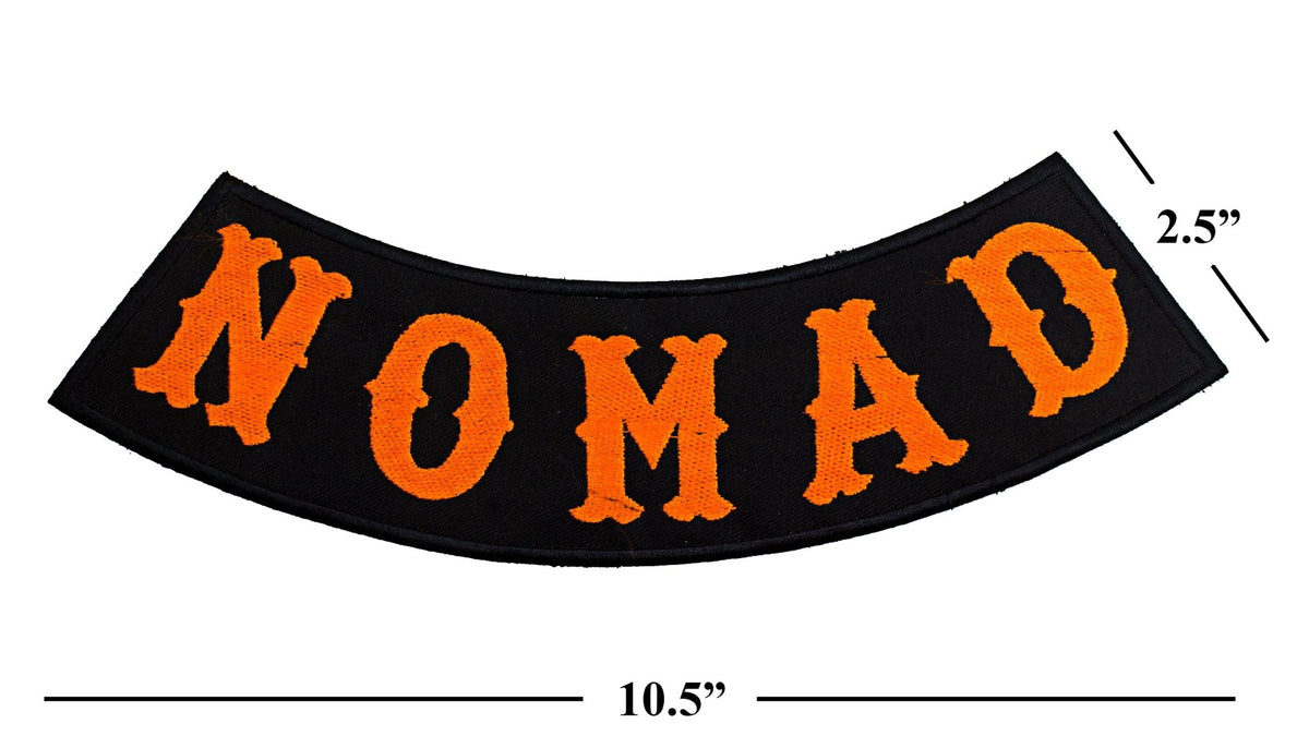 Nomad Bottom Rocker Patch - Orange on Black Iron On Sew On Large Back Patch for Biker Vest Jacket