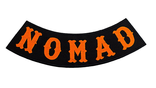 Nomad Bottom Rocker Patch - Orange on Black Iron On Sew On Large Back Patch for Biker Vest Jacket