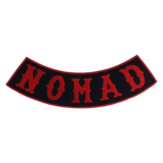 Nomad Bottom Rocker Patch - Red on Black Iron On Sew On Large Back Patch for Biker Vest Jacket