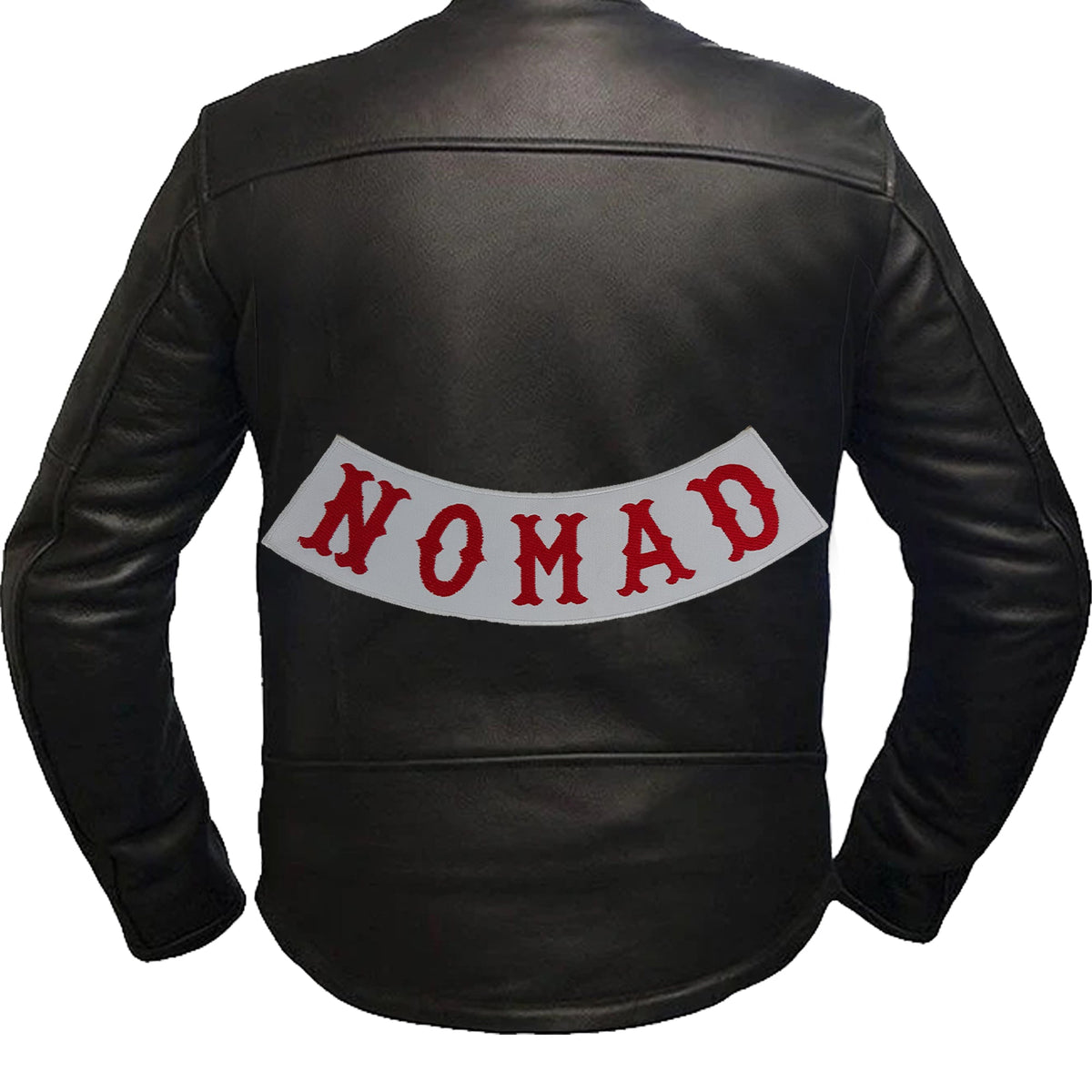 Nomad Bottom Rocker Patch - Red on White Iron On Sew On Large Back Patch for Biker Vest Jacket