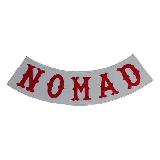 Nomad Bottom Rocker Patch - Red on White Iron On Sew On Large Back Patch for Biker Vest Jacket