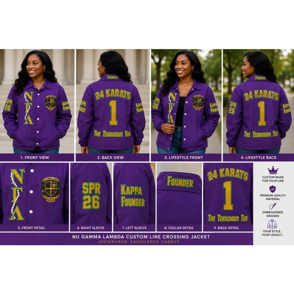 Nu Gamma Lambda Custom Line Crossing Jacket | Personalized Kelly Green Sorority Jacket | Custom Line Name, Number & Crossing Year Jacket