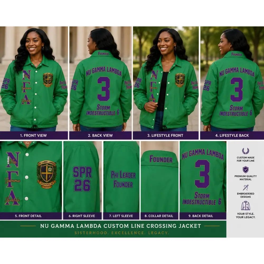 Nu Gamma Lambda Custom Line Crossing Jacket | Personalized Kelly Green Sorority Jacket | Custom Line Name, Number & Crossing Year Jacket