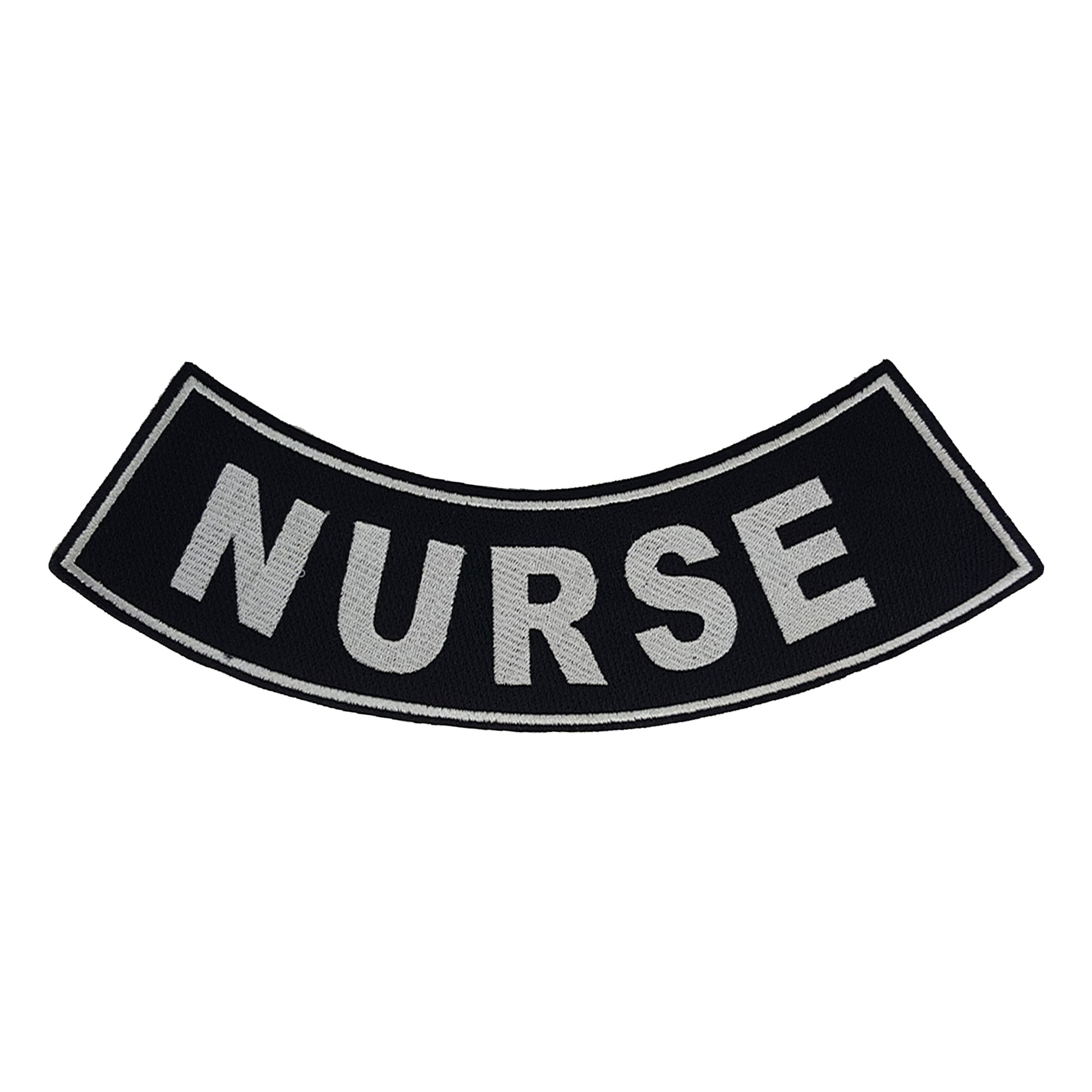 Nurse Bottom Rocker Patch - White on Black Iron On Sew On Large Back Patch for Biker Vest Jacket