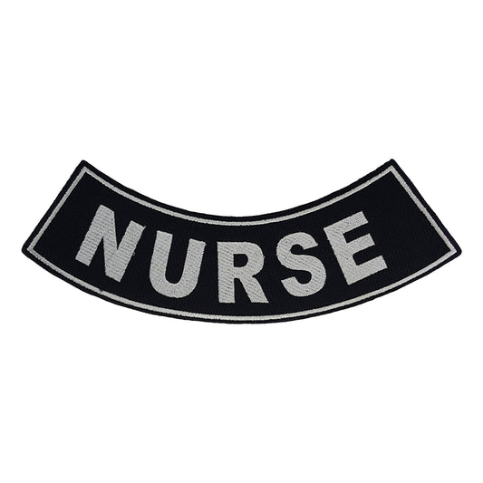Nurse Bottom Rocker Patch - White on Black Iron On Sew On Large Back Patch for Biker Vest Jacket