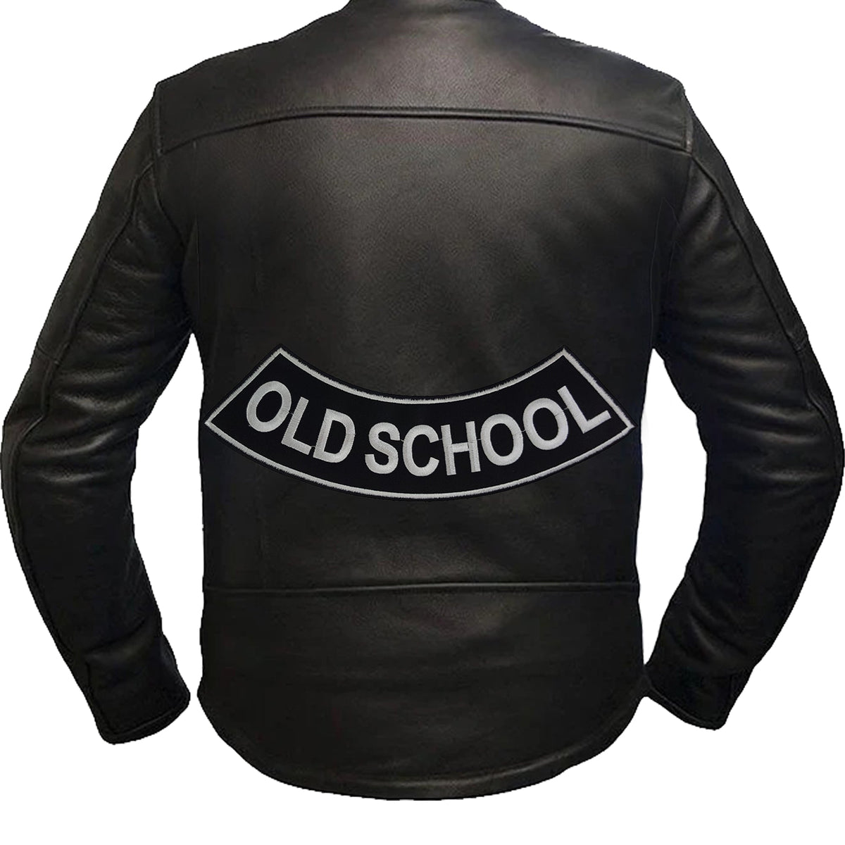 Old School Bottom Rocker Patch - White on Black Iron On Sew On Large Back Patch for Biker Vest Jacket