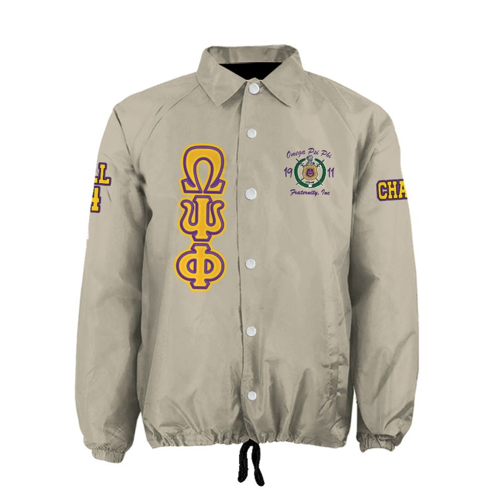Omega Psi Phi Beige Coach Jacket – Custom Embroidered "Que" Crossing Jacket