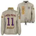 Omega Psi Phi Beige Coach Jacket – Custom Embroidered "Que" Crossing Jacket