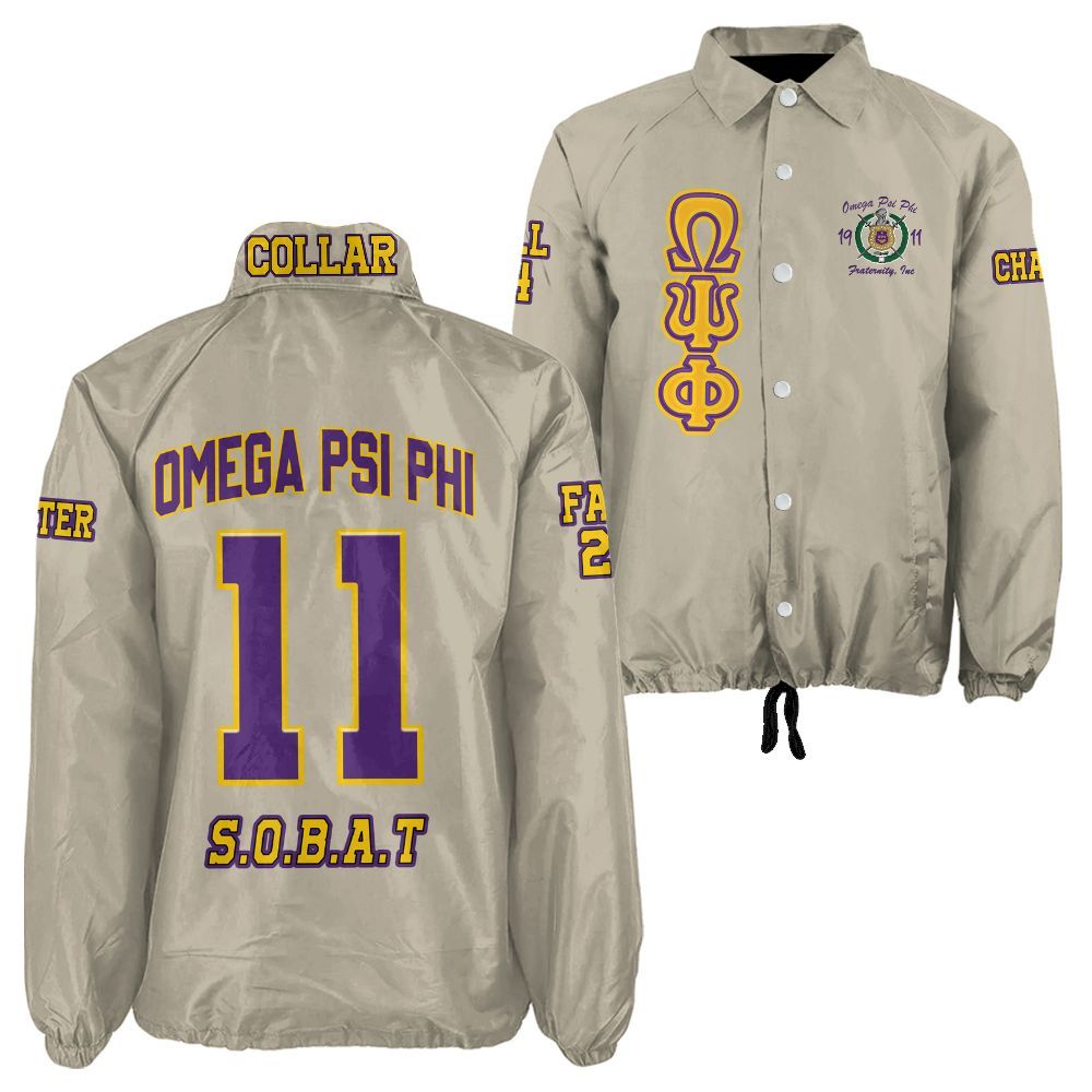 Omega Psi Phi Beige Coach Jacket – Custom Embroidered "Que" Crossing Jacket