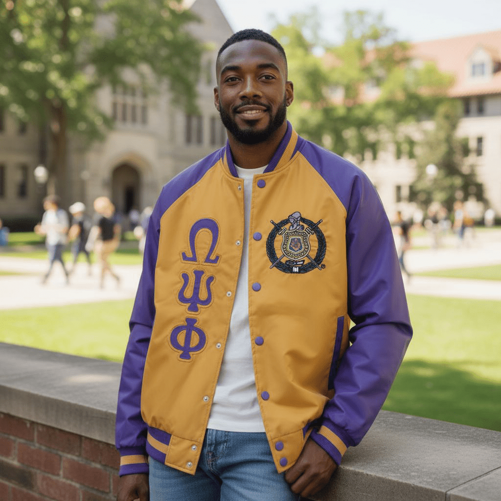 Omega Psi Phi Bomber Jacket Nylon - Custom Lining Embroidered Logos Fraternity
