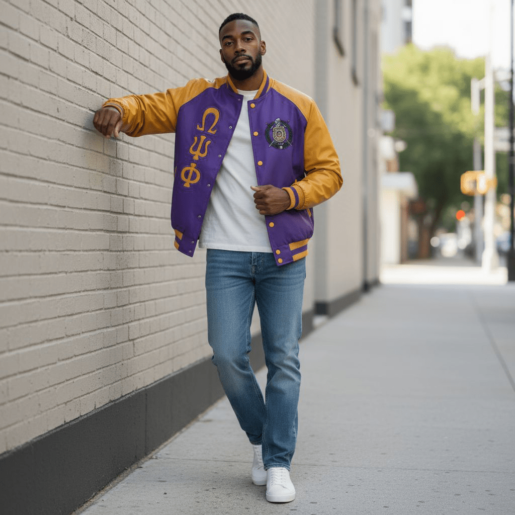 Omega Psi Phi Bomber Jacket Nylon - Custom Lining Embroidered Logos Fraternity