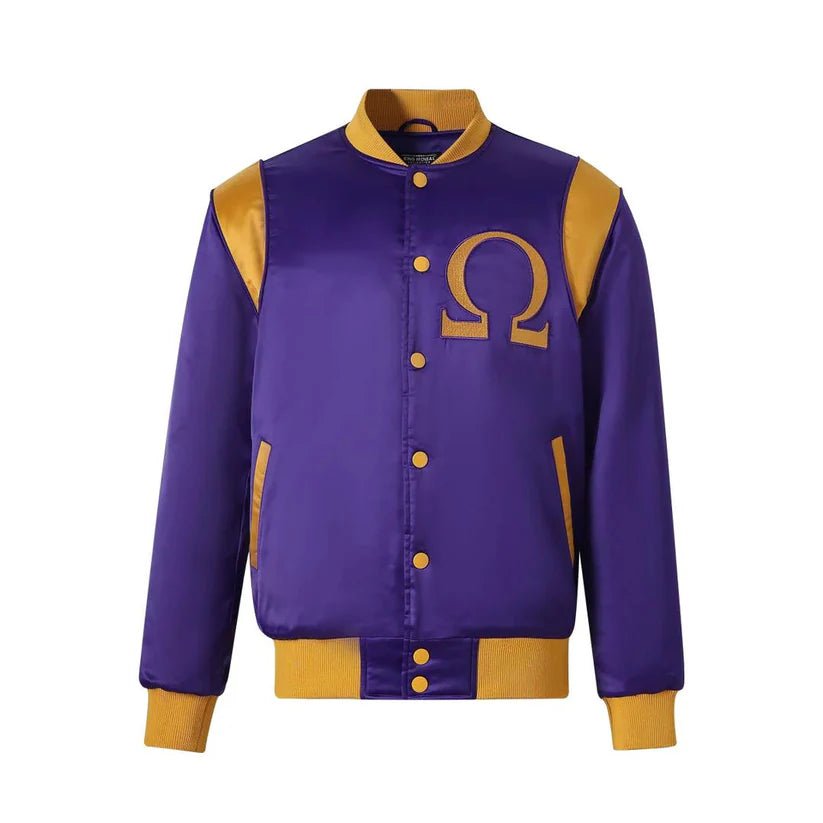 Omega Psi Phi Bomber Jacket - Purple & Gold Satin Embroidered Logos Fraternity
