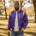 Omega Psi Phi Bomber Jacket - Purple & Gold Satin Embroidered Logos Fraternity
