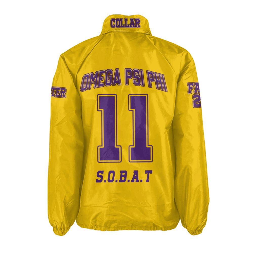 Omega Psi Phi "Golden Spirit" Coach Jacket – Custom Crest & Line Embroidered Edition (Yellow/Gold)