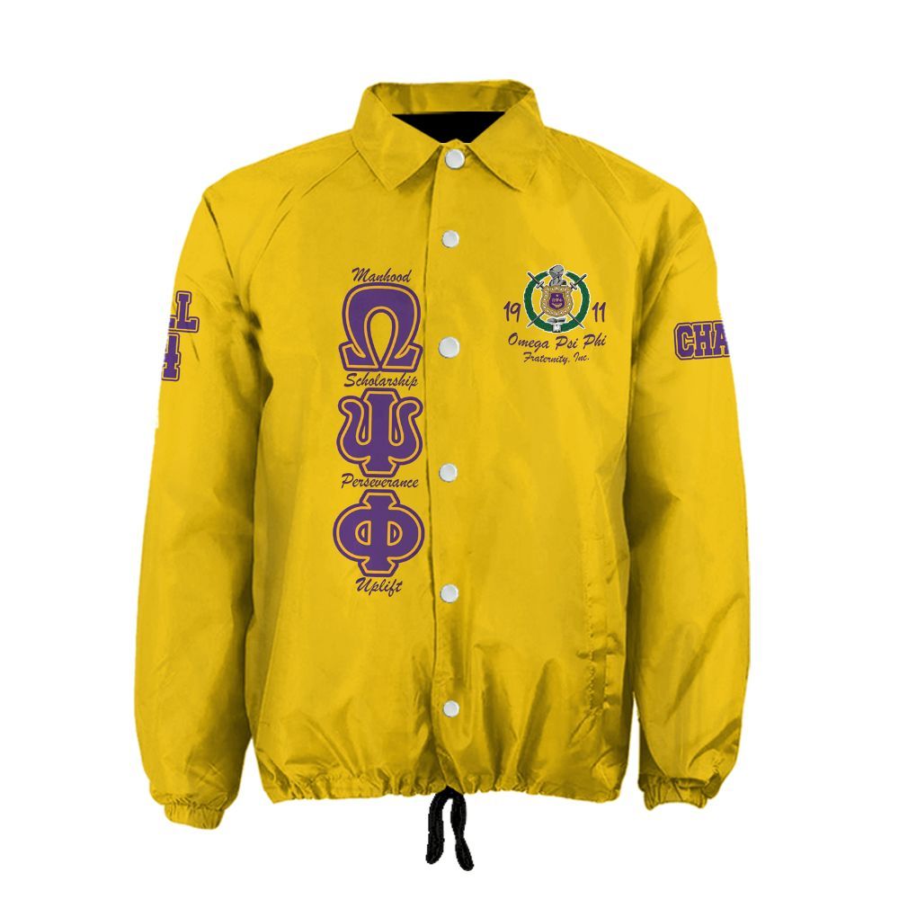 Omega Psi Phi "Golden Spirit" Coach Jacket – Custom Crest & Line Embroidered Edition (Yellow/Gold)